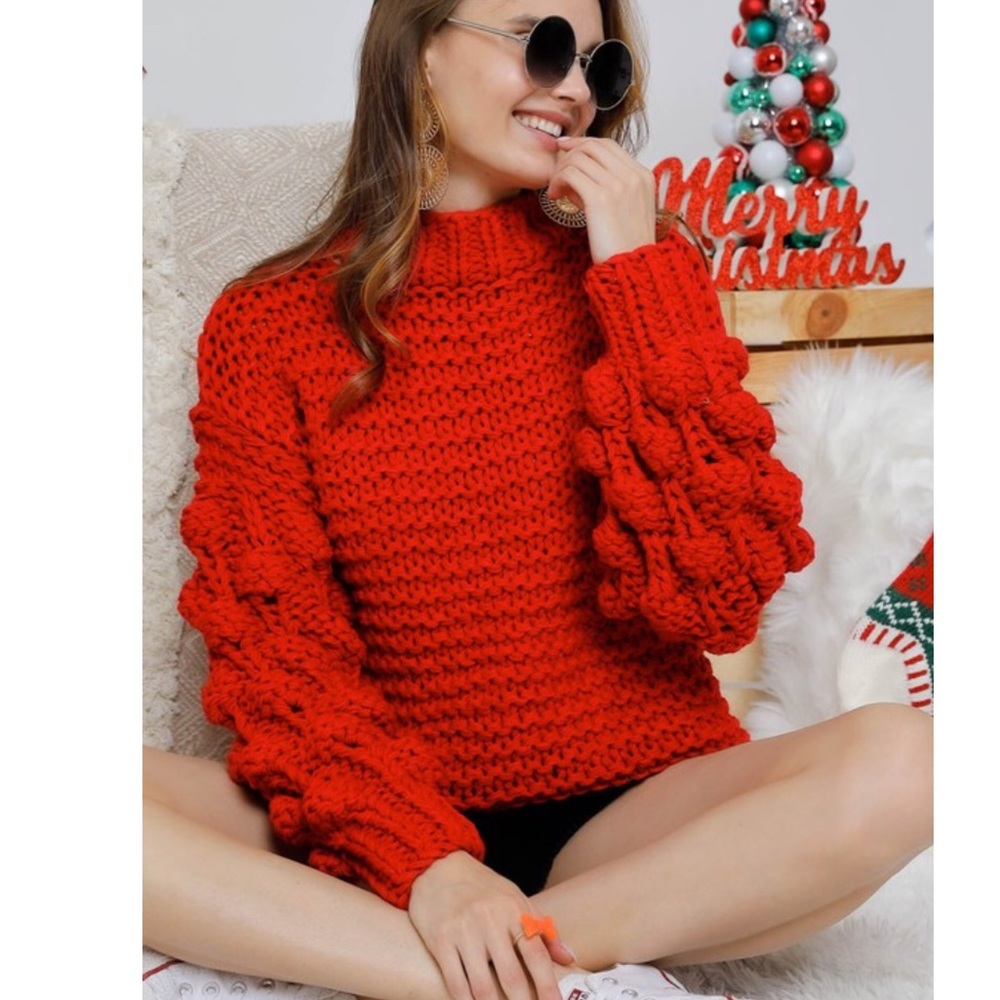 🎁 Heavy Chunky Knit Pom Pom Sleeve Sweater🎄